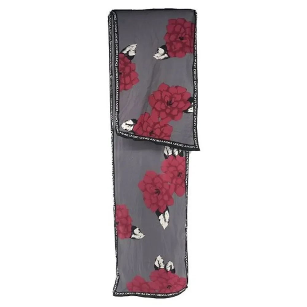DKNY Silky Rectangle Scarf Gray Red Floral Wrap